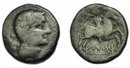 HISPANIA ANTIGUA. EUSTIBAIKULA. Unidad. A/ Cabeza masculina a der., detrás jabalí. R/ Jinete con palma a der., debajo sobre línea EUSTi. AE 13,42 g. 26,2 mm. I-1298. ACIP-1314. Pátina oscura. BC+. Rara. Compra privada Calicó (1992). 