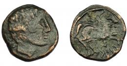 1039 - HISPANIA ANTIGUA. ARSAKOS. As. A/ Cabeza masculina a der., detrás signos ibéricos ON, poco visibles. R/ jinete con lanza a der., debajo ARSAKoS. AE 8,04 g. 23,5 mm. I-134. ACIP-1672. Pátina oscura. BC+. Rara. Ex Áureo, 18-10-1994, lote 5.