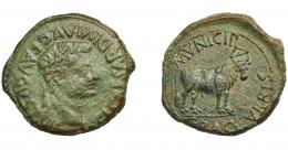 HISPANIA ANTIGUA. GRACURRIS. As. Tiberio. A/ Cabeza laureada a der.; TI CAESAR DIVI AVG F AVGVSTVS. R/ Toro mitrado a der., encima MVNICIP, debajo GRACCVRRIS. AE 14,47 g. 31,3 mm. I-1391. APRH-429. ACIP-3196. Anv. repasado. Pátina verde. BC+/MBC. Compra privada Pliego (1998).