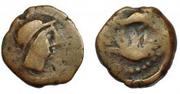 1004 - HISPANIA ANTIGUA. ABDERA. Mitad. A/ Cabeza con casco a der. R/ Atún y delfín a izq., en medio ley. 'bdrt. AE 5,14 g. 18,5 mm. I-17. ACIP-879. BC-. Muy rara. Ex Áureo, 14-6-1994, lote 2068.
