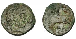 HISPANIA ANTIGUA. IAKA. Unidad. A/ Cabeza masculina con collar a der.; delante delfín, detrás signos ibéricos BoN. R/ Jinete lancero a der., debajo sobre línea IAKa. AE 7,19 g. 24,8 mm. I-1394. ACIP-1438. Pequeñas erosiones. MBC. Rara.