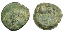 HISPANIA ANTIGUA. IKALKUSKEN. Mitad. A/ Cabeza masculina a der., delante S? y detrás delfín. R/ Caballo al paso a izq., encima creciente, bajo línea IKaLKuSKeN. AE 5,44 g. 19,5 mm. I-1401. ACIP-2080. Pátina verde oscuro. BC-/BC+. Rara.