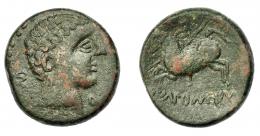 HISPANIA ANTIGUA. IKALKUSKEN. As. A/ Cabeza masculina a der., detrás CNF, delante Q. R/ Jinete con rodela y lanza a izq., IKaLKuNSKeN. AE 17,8 g. 26,6 mm. I-1418 vte. AIP-2098. MBC-/BC+. Rarísima. Ex Áureo, 4-3-1998, lote 1466.