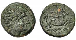 HISPANIA ANTIGUA. ILTIRKESKEN. Mitad. A/ Cabeza masculina con cuello vestido a der., detrás palma (no visible). R/ Caballo con rienda suelta a der., debajo ILTiRKeSKEN. AE 4,6 g. 18,1 mm. I-1450. ACIP-1389. Pátina verde oscuro rugosa. MBC. Rara. Ex Áureo, 14-6-1994, lote 303.