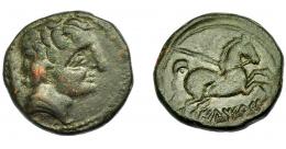 HISPANIA ANTIGUA. ILTIRKESKEN. Mitad. A/ Cabeza masculina con cuello vestido a der., detrás palma. R/ Caballo con rienda suelta a der., debajo ILTiRKeS. AE 6,97 g. 20,7 mm. I-1450 vte. ACIP-1390. Pátina verde. MBC-. Muy rara.