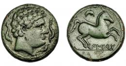 HISPANIA ANTIGUA. ILTIRTA. Semis. A/ Cabeza masculina a der., alrededor tres delfines. R/ Caballo galopando con rienda suelta a der., encima creciente, debajo sobre línea ILTiRTa. AE 11,88 g. 24,9 mm. I-1462. ACIP-1237. Pátina verde oscuro. MBC/MBC+. Rara. 