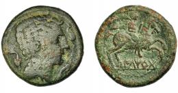 HISPANIA ANTIGUA. ILTIRTA. As. A/ Cabeza masculina a der., alrededor tres delfines. R/ Jinete con palma a der., debajo sobre línea ILTiRTa. AE 12,49 g. 26,9 mm. I-1465. ACIP-1251. Pátina verde oscuro. BC+.