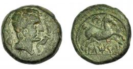 HISPANIA ANTIGUA. ILTIRTA. Semis. A/ Cabeza masculina a der., alrededor tres delfines. R/ Caballo galopando con rienda suelta a der., encima creciente, debajo ILTiRTa. AE 6,83 g. 19,2 mm. I-1472. ACIP-1257. Pátina verde. MBC-/MBC. Rara.