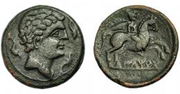HISPANIA ANTIGUA. ILTIRTA. As. A/ Cabeza masculina a der. con cuello vestido, alrededor tres delfines. R/ Jinete con palma a der., debajo sobre línea ILTiRTa. AE 12,64 g. 28,2 mm. I-1465. ACIP-1264. Pátina oscura. MBC. 