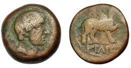 HISPANIA ANTIGUA. ILBERIR. As. A/ Cabeza masculina a der. R/ Esfinge a der.; debajo ley. ILTuR(IR) bajo línea. AE 20,64 g. 27,1 mm. I-1497. ACIP-2295. BC. Rara. Ex Áureo, 27-1-1994, lote 208.