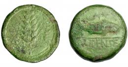 HISPANIA ANTIGUA. ILIPA. As. A/ Espiga, a los lados caduceos. R/ Sábalo a der., encima creciente entre dos estrellas, debajo ILIPENSE entre líneas. AE 23,9 g. 35 mm. I-1530. ACIP-2332. Pátina verde con erosiones. BC+. 