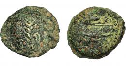 HISPANIA ANTIGUA. ILIPA. Cuadrante. A/ Espiga entre clava y delfín. R/ Creciente con estrella (poco visible), sábalo a der. y en medio ILIPE(NSE) en cartela. AE 4,26 g. 21,8 mm. I-1541. ACIP-2340. concreciones. RC. Muy rara.