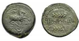 HISPANIA ANTIGUA. ILIPLA. As. A/ Jinete lancero a der., bajo línea A y creciente. R/ Dos espigas a izquierda, en medio ILIPLA. AE 27,82 g. 35,67 mm. I-1556. ACIP-2370. Pátina oscura. BC+. Muy escasa. Ex Herrero, 13-12-2012, lote 83.