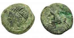 HISPANIA ANTIGUA. ILITURGI. As. A/ Cabeza masculina diademada a izq. R/ Jinete con palma a izq., debajo ILVTVRGI poco visible. AE 24,75 g. 30,84 g. I-1562. ACIP-2305. Pátina verde. RC. Muy rara.