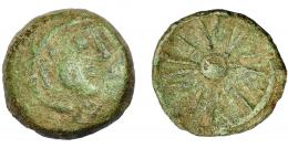 HISPANIA ANTIGUA. IPTUCI. Mitad. A/ Cabeza de Melkart con leonté a der. R/ Rueda, entre los radios IPTVCI. AE 4,62 g. 18,19 mm. I-1574. ACIP-933. Pátina verde. RC/BC-. Muy rara. Compra privada Pliego (1992).