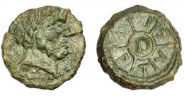 HISPANIA ANTIGUA. IPTUCI. Cuarto. A/ Cabeza masculina barbada y diademada a der. R/ Rueda, entre los radios IPTVCI. AE 2,1 g. 15,36 mm. I-1576. ACIP-935. Pátina verde. MBC. Rarísima. Ex Vico, 19-11-1992, lote 80.