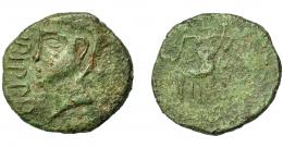 HISPANIA ANTIGUA. IRIPPO. Semis. A/ Cabeza masculina a izq., delante IRIPPO. R/ Figura femenina sentada a izq. con cornucopia y piña. AE 5,41 g. 24,66 mm. I-1582. ACIP-2628. Pátina verde erosionada. MBC-/BC. Rara.