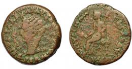 HISPANIA ANTIGUA. ITALICA. Tiberio. Dupondio. A/ Cabeza radiada a izq., delante haz de rayos, encima estrella; PERM AVG DIVVS AVGVSTVS PATER. R/ Livia entronizada a izq. con espigas y cetro; MVN ITALIC IVLIA AVGVSTA. AE 22,23 g. 35,59 mm. I-1591. APRH-66. ACIP-3334. BC+/BC. Escasa. Ex Áureo, 20-9-1995, lote 359.