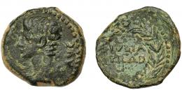 HISPANIA ANTIGUA. IULIA TRADUCTA. Augusto. As. A/ Cabeza a izq.; (PERM CAES) AVG. R/ Corona cívica rodeando  IVLIA/TRAD. AE6,92 g. 23,24 mm. I-1614. APRH-108. ACIP-3352. Campos reapsados. Algo descentrada. BC+/MBC. Compra privada Pliego (1992).