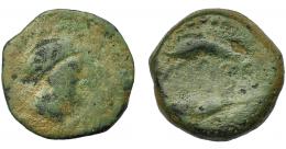 1005 - HISPANIA ANTIGUA. ABDERA. Mitad. A/ Cabeza con casco a der. R/ Atún y delfín a izq., en medio ley. 'bdrt. AE 6,04 g. 19,2 mm. I-no. ACIP-880. Pátina verde. BC. Rarísima.
