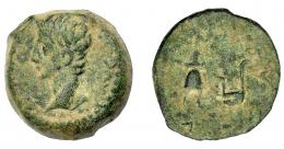 HISPANIA ANTIGUA. IULIA TRADUCTA. Augusto. Semis. A/ Cabeza a izq.; (PERM CAES) AVG. R/ Apex y simpulum; (IVLIA TRAD) no visible. AE5,68 g. 20,11 mm. I-1620. APRH-109. ACIP-3353. Pátina verde. BC+/BC.