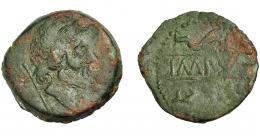HISPANIA ANTIGUA. KETOVION-SALACIA. As. A/ Cabeza de Neptuno a der., detrás tridente. R/ Dos delfines a der., en medio entre líneas IMP (SAL). AE11,33 g. 27,69 mm. I-1641. ACIP-988. Pátina verde y roja. BC+. Rara. Ex Áureo, 22-10-1998, lote 2172.