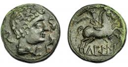 HISPANIA ANTIGUA. LAKINE. Unidad. A/ Cabeza masculina con cuello vestido a der. R/ Jinete con palma a der., debajo LAKiNE. AE 10,16 g. 25,21 mm. I-1656. ACIP-1505. Leve acuñación floja en rev. Pátina oscura. MBC+. Ex Vico, 19-11-1992, lote 83.