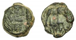 HISPANIA ANTIGUA. LASCUTA. Unidad. A/ Cabeza de Melkart con leonté a der., delante clava. R/ Elefante a der., debajo lskw't. AE6,59 g. 20,71 mm. I-1672. ACIP-945. Pátina oscura. BC+. Ex Vico, 3-3-1993, lote 127.