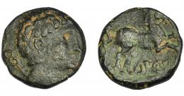 HISPANIA ANTIGUA. LAURO. Mitad. A/ Cabeza masculina a der., detrás caduceo. R/ Caballo con rienda suelta a der., debajo sobre línea LAURO. AE4,45 g. 19,19 mm. I-1688. ACIP-1361. Pátina oscura. MBC-/BC+. Rara. Ex ANE, 21-11-1995.
