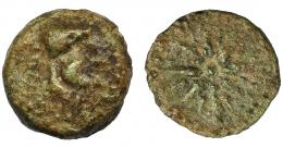 HISPANIA ANTIGUA. MALAKA. Cuarto. A/ Cabeza de Vulcano con gorro cónico a der., detrás ley. no visible. R/ Estrella de 16 rayos. I-1744. ACIP-798.