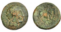 HISPANIA ANTIGUA. METUAINUM. Unidad. A/ Cabeza masculina a der. entre dos delfines. R/ Jinete lancero a der., debajo leyenda ibérica METuAINUM. AE 8,53 g. 24,25 mm. I-1749. ACIP-1861. Perforación en el centro. Pátina verde. BC/BC+. Rara.