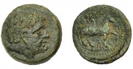 HISPANIA ANTIGUA. NABRISA. Semis. A/ Cabeza masculina barbada a der. R/ Caballo al paso a der., encima NA y encima BRISSA. AE4,2 g. 19,36 mm. I-1766. ACIP-2635. Pátina verde oscuro. BC+. Rarísima. Ex Hervera, 25-9-2003.