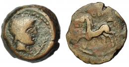 HISPANIA ANTIGUA. OBA. Semis. A/ Cabeza a der., delante palma. R/ Caballo galopando a izq., encima OB(A), debajo ley. fenicia b´b´ln. AE5,63 g. 20,16 mm. I-1775. ACIP-949. BC+. Muy rara. Ex Pliego, 18-12-1998.