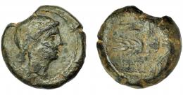 HISPANIA ANTIGUA. OBULCO. Doble. A/ Cabeza femenina con moño a der. R/ Arado y espiga, debajo en cartela OBVLCO. AE26,94 g. 30,16 mm. I-1820. ACIP-2178. Cospel irregular. Pátina verde con erosiones. BC+/BC-. Rara. Ex Áureo, 21-1-1997, lote 241.