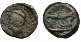 1006 - HISPANIA ANTIGUA. ABDERA. Mitad. A/ Cabeza con casco a izq. R/ Dos atunes a der., en medio ley. 'bdrt. AE 6,02 g. 20,1 mm. I-no. ACIP-883. Pátina oscura. BC+. Rarísima. Ex Áureo, 14-6-1994, lote 2069.
