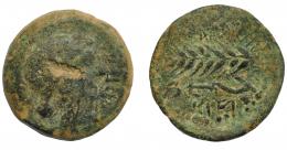 1008 - HISPANIA ANTIGUA. ABRA. As. A/ Cabeza femenina con moño a der., delante (A)BR(A). R/ Arado y espiga a der., encima KiONiS, debajo UEKuEKi . AE 19,70 g. 29,5 mm. I-NO. ACIP-2279. Golpe en anv. Pátina verde. BC/MBC. Rara.