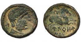 HISPANIA ANTIGUA. UIROUIAS. Unidad. A/ Cabeza masculina a der., detrás signo ibérico U. R/ Jinete lancero a der., debajo UIROU/IA sin línea. AE 11,05 g. 25 mm. I-2482. ACIP-1924. Pátina oscura rugosa. MBC-/BC+. Muy rara.