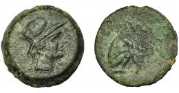 HISPANIA ANTIGUA. URSO. As. A/ Cabeza de Roma a der., detrás VRSO. R/ Oso sentado a der., ley. no visible. AE 16,27 g. 30,39 mm. I-2496. ACIP-2330. Pátina verde rugosa. MBC/MBC-.