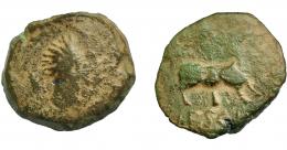HISPANIA ANTIGUA. VESCI. As. A/ Cabeza masculina a der., detrás espiga. Estilo tosco. R/ Toro a der., detrás árbol, debajo (V)ESC(I), delante ley. (w'hsk). AE 11,65 g. 26,23 mm. I-2519. ACIP-963. Pátina verde. BC. Muy rara. Compra privada Pliego (2000).