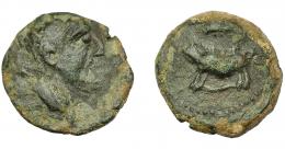 HISPANIA ANTIGUA. TIPO JABALÍ-CLAVA. As. A/ Cabeza masculina a der. R/ Jabalí sobre ¿serpiente? a izq., encima clava. AE 6,67 g. 21,5 mm. I-no. ACIP-2438. Campos del rev. retocados. Pátina verde oscuro. Rarísima. BC+.