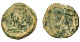 HISPANIA ANTIGUA. TIPO VULCANO. A/ Cabeza de Vulcano con gorro cónico a der., detrás tenazas. R/ Figura con pala avanzando a der. AE 4,46 g. 17,87 mm. I-M-16 (moneda minera). ACIP-2648. Pátina verde. BC-/RC. Muy escasa.