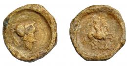 HISPANIA ANTIGUA. Plomo monetiforme. A/ Cabeza de Atenea a der. R/ Jinete lancero a der., debajo perro. AE 43,25 g. 29,93 mm. I-No. CCP-p. 23, 5. MBC-/MBC. Muy rara. 
