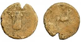 HISPANIA ANTIGUA. Plomo monetiforme. A/ Cabeza frontal de toro. R/ Animal a der., detrás árbol. AE 45,33 g. 39,62 mm. I-No. CCP-p. 29.15 (sim.). Raya en anv. Cospel abierto. BC+.  Compra privada Pliego (200).