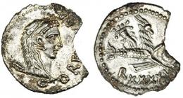 GRECIA ANTIGUA. MAURITANIA. Juba II. Cesarea. Denario (25 a.C.-23 d.C.). R/ Capricornio con globo, cornucopia y timón, debajo: R•XXXXII. Mazard-211. Falta fragmento de un 20%. EBC+.