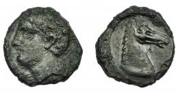 HISPANIA ANTIGUA. ACUÑACIONES HISPANO-CARTAGINESAS. Quinto. A/ Cabeza masculina a izq. R/ Cabeza de caballo a der. AE 2,11 g. 14,81mm. I-554. ACIP-610. MBC-/MBC+.