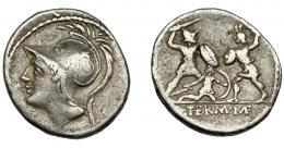 REPÚBLICA ROMANA. MINUCIA. Denario. Roma (103 a.C.). R/ Dos soldados combatiendo, entre ellos, uno caído. AR 3,78 g. 19,67 mm. CRAW-319.1. FFC-928. BC+.