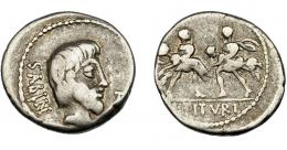 REPÚBLICA ROMANA. TITURIA. Denario. Roma (89 a.C.). A/ Cabeza del rey Tacio a der, delante TA (en monograma), detrás SABIN. AR 3,31g. 18,26 mm. CRAW-344-1a. FFC-1152. BC+.