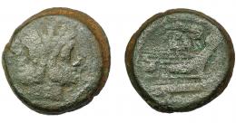 REPÚBLICA ROMANA. ACUÑACIONES ANÓNIMAS. As. Sudeste de Italia (208 a.C.). A/ Cabeza de Jano bifronte. R/ Proa a der., encima maza y a der. valor I.  AE 29,22 g. 31,65 mm. CRAW-89.3. BC+.