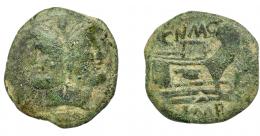 PERIODO JULIO CÉSAR- AUGUSTO. POMPEYO EL GRANDE. As. Hispania (45-46 a.C.). A/ Cabeza laureada de Jano; encima I. R/ Proa a der.; encima CN. MAG.; debajo IMP. CRAW-471.1. BC/BC+.