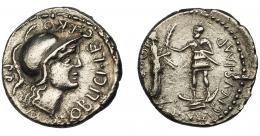 PERIODO JULIO CÉSAR- AUGUSTO. POMPEYO EL GRANDE. Denario. Hispania (46-45 a.C.). A/ Cabeza de Palas a der.; M. POBLICI. LEG. PRO. PR. R/ Cneo Pompeyo hijo con proa bajo su pie, entregando palma a la Bética, con escudo y dos jabalinas; (CN) MAGNVS IMP. CRAW-469a. FFC-1. MBC+.